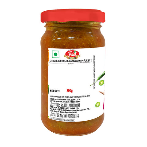 Tops Gold Green Chilli Pickle - 200g. Glass Bottle